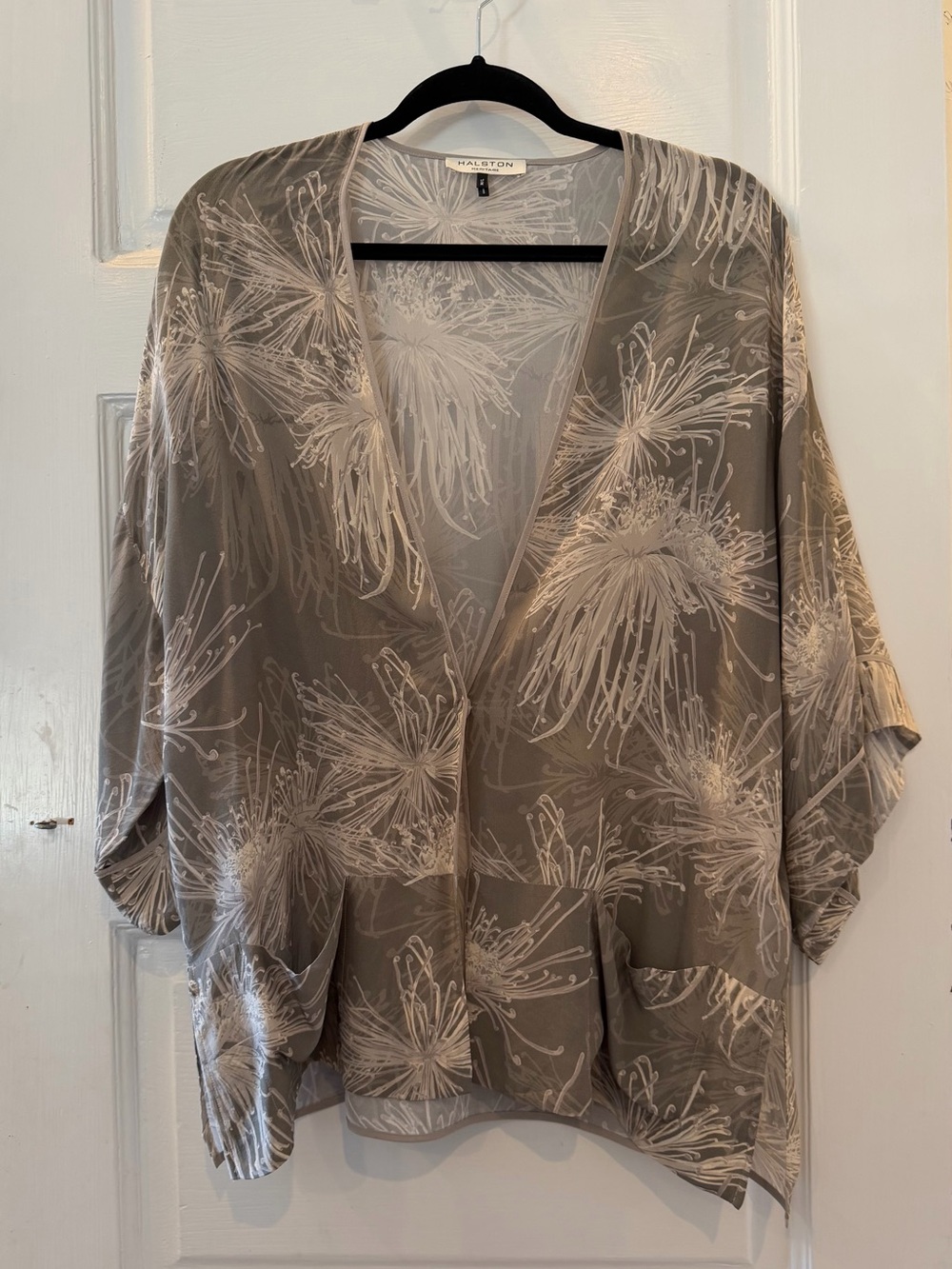 Halston Heritage Taupe Floral-Print Open Front Teddy Jacket
